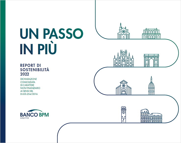 Copertina del Report di Sostenibilità 2022 di Banco BPM. Titolo: Un passo in più.