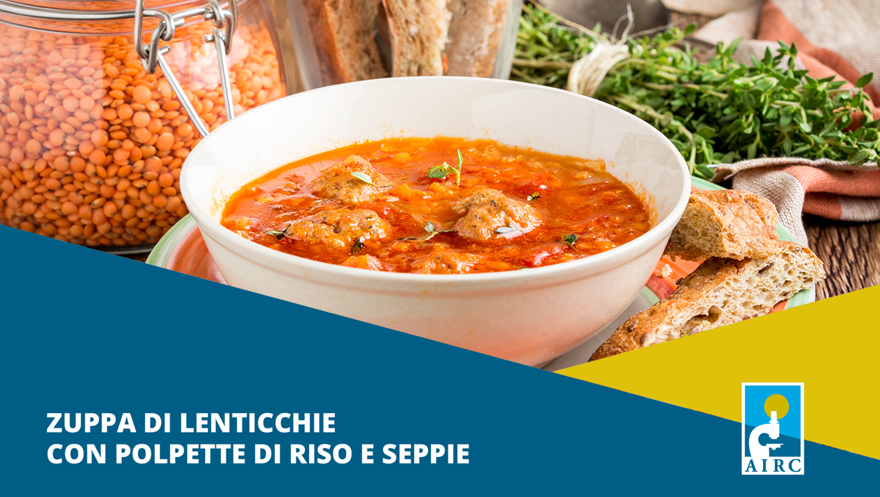 Zuppa di lenticchie con polpette di riso e seppie